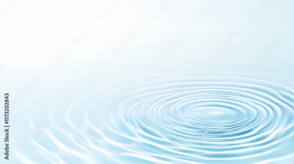 Poster concentric ripples expanding gracefully across a light blue water surface after a drop falls, creati