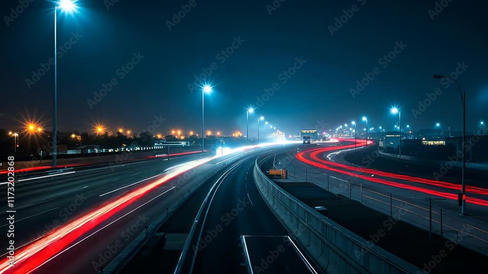 Poster urban night traffic flows smoothly along illuminated roadways with vibrant light trails creating a d