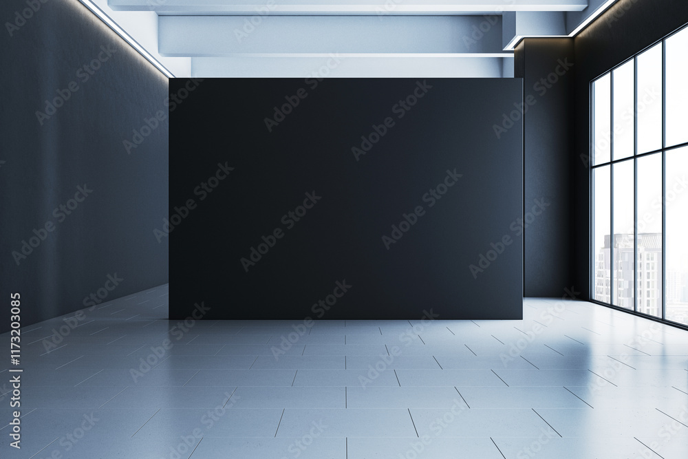 Poster minimalistic empty interior room with black wall and large windows overlooking urban cityscape. 3d r