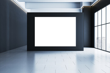 Modern gallery interior with black wall featuring blank white display in bright room with large windows overlooking cityscape. 3D Rendering