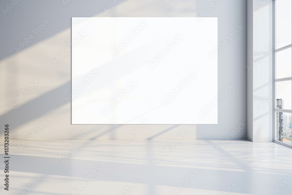 Poster blank white canvas on a wall in a sunlit modern interior room with large windows and city view in ba