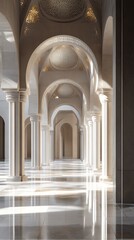 Fototapeta premium A serene architectural space featuring elegant arches and reflective flooring.