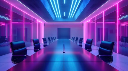 Futuristic conference room with neon lighting and sleek furniture.