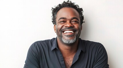 Obraz premium Joyful African American Man Smiling Against White Background