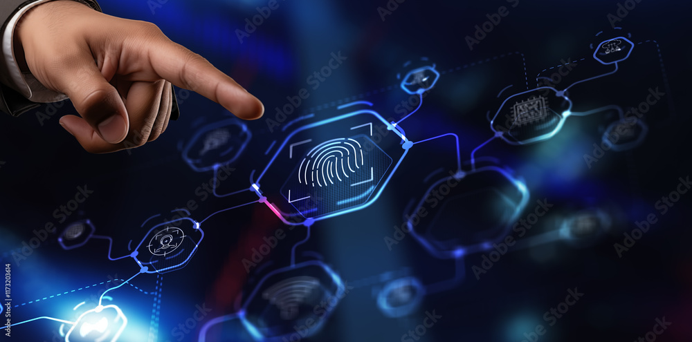 Aufkleber biometrics fingerprint concept. biometrics security with digital interface