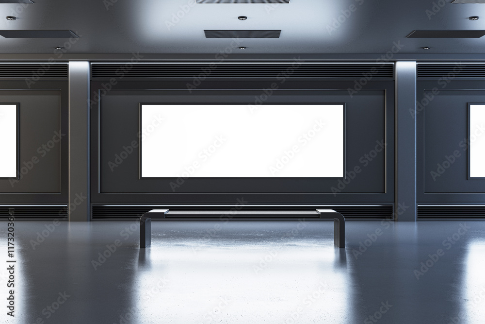 Poster minimalist gallery interior with blank wall panels and a bench, illuminated by modern lighting. 3d r