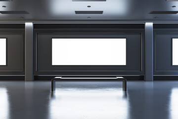 Minimalist gallery interior with blank wall panels and a bench, illuminated by modern lighting. 3D Rendering