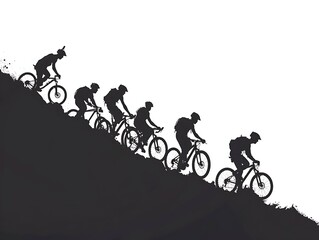 Obraz premium Silhouette of a group of cyclists on a mountain path on a white background