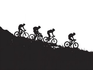 Obraz premium Silhouette of a group of cyclists on a mountain path on a white background