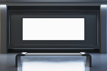 Obraz premium Blank exhibit wall with a bench in a modern interior room. 3D Rendering