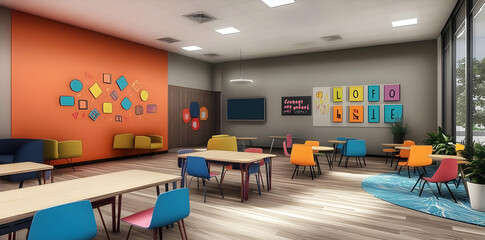 A vibrant classroom with colorful furniture and decor, designed for learning and collaboration.