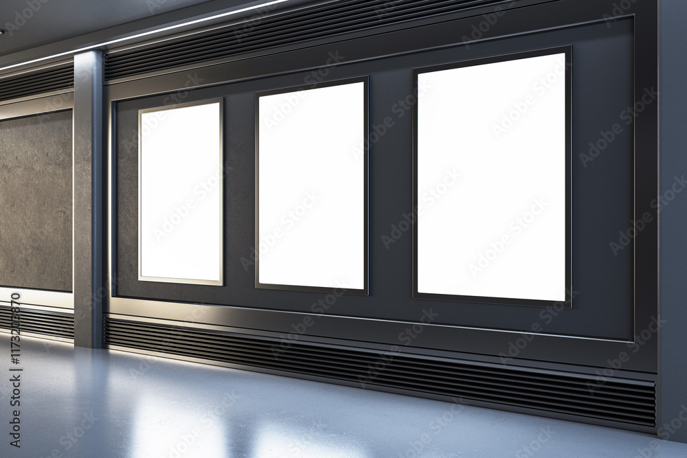 Aufkleber blank gallery wall with three illuminated frames for artwork display in modern interior room. 3d ren