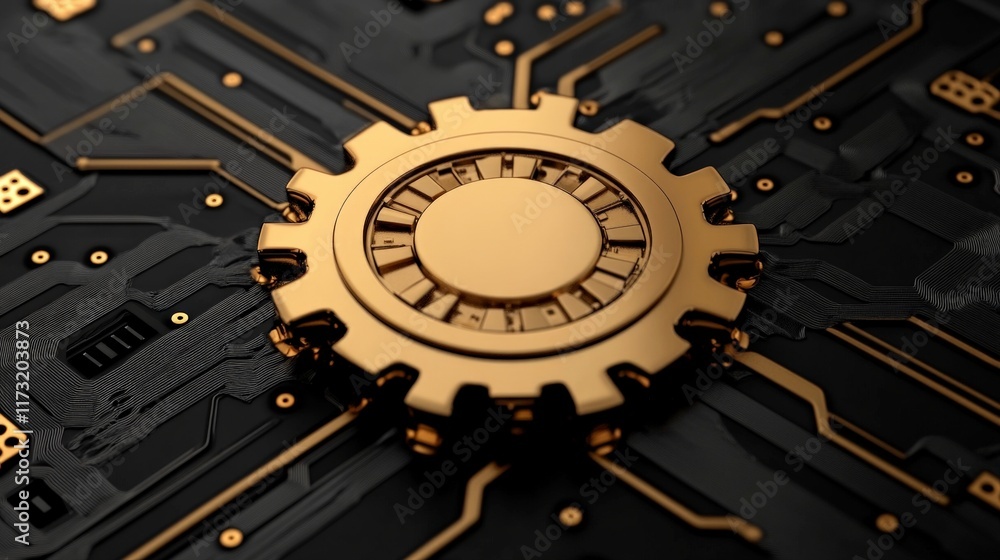 Poster golden cog in the machine: a golden cog, symbolizing innovation and progress, rests on a circuit boa