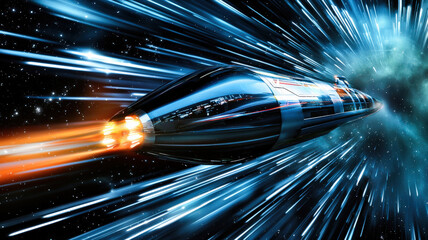 A sleek, futuristic spaceship with glowing engines flying at high speed through a cosmic nebula, surrounded by distant stars, showcasing advanced technology and deep space exploration.