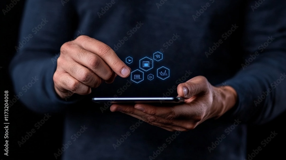 Poster digital connection: a hand reaches out towards a tablet screen, fingertips hovering over a network o