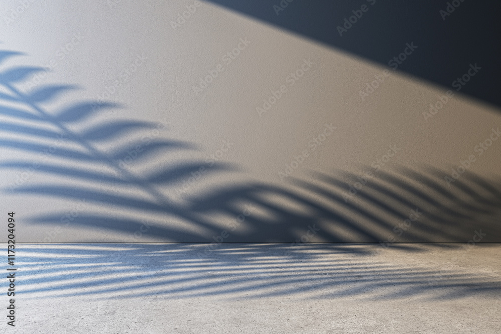 Aufkleber abstract view of a modern concrete room interior with palm leaf shadows on a clean wall and floor. 3