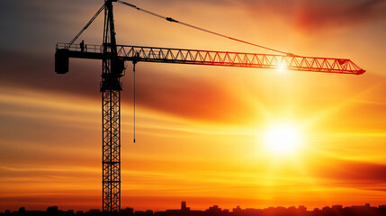 Silhouette of a construction crane against a vibrant sunset.  A beautiful end to a long workday.