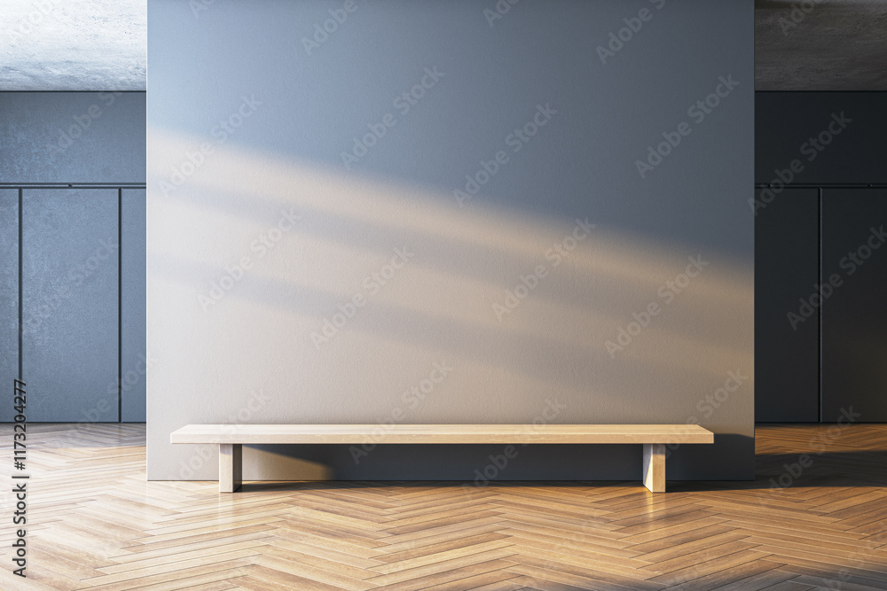 Poster Modern interior with empty wall and wooden bench in clean minimalist room with sunlight streaming through. 3D Rendering