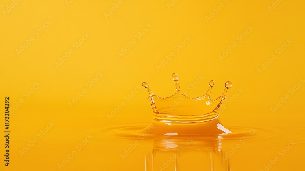 Poster crown shaped splash rising from the center of a rippling water surface on a vibrant yellow backgroun