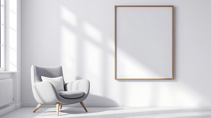 Modern living room interior with a armchair and blank picture frame mockup.