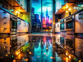 Fototapeta premium Double Exposure: Waterlogged Kitchen Floor & Abstract Cityscape - Stock Photo