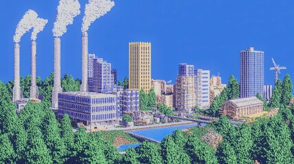 Obraz premium Colorful Landscape of a Blocky City with Factories and Nature