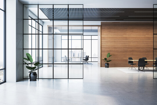 Modern office interior with glass partitions, wooden walls, and minimalistic furniture in spacious, bright workspace. 3D Rendering
