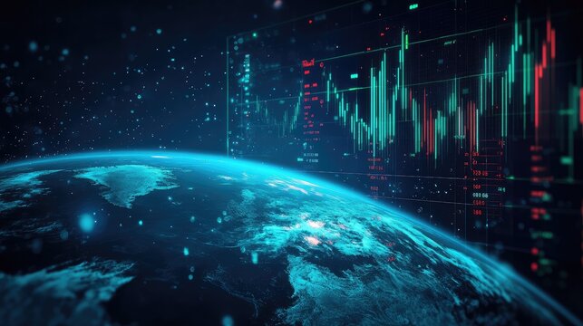 Digital globe with stock market data, charts, and graphs on a dark background. Concept of global business or economic growth.