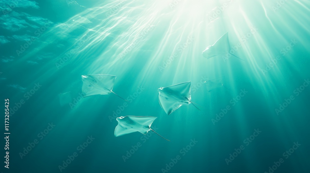 Poster sunbeams filtering through the turquoise ocean water illuminate eagle rays gliding gracefully in the