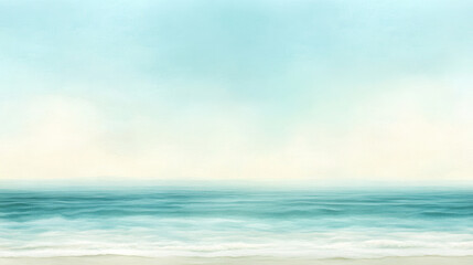 Obraz premium serene ocean view with soft aqua tones blending into misty horizon, evoking calm and tranquility. Gentle waves meet sandy shore under hazy, light filled sky