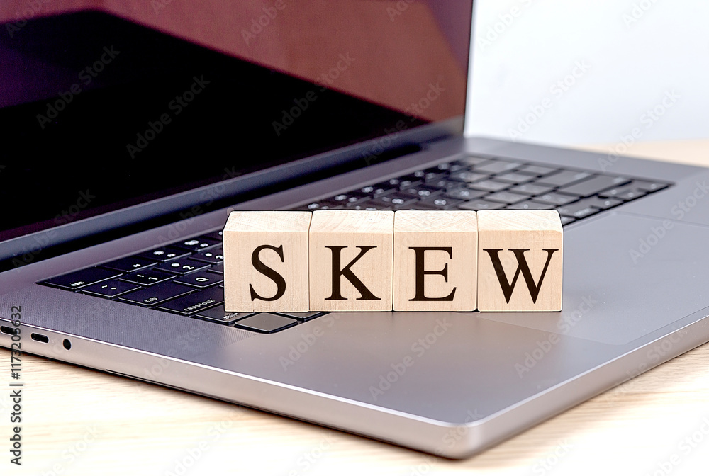Poster wooden blocks spelling skew on a laptop keyboard with a reflection on the screen