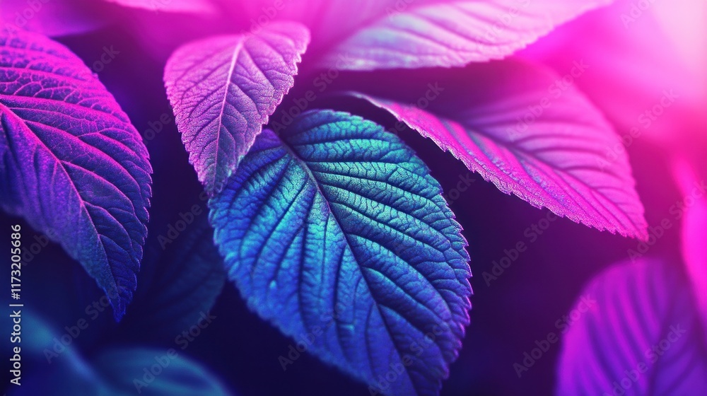 Canvas Prints Vibrant neon pink and blue leaves close-up.