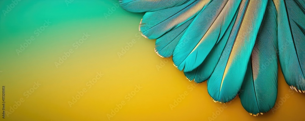 Poster feather abstract background concept. vibrant turquoise and yellow feathers create a stunning abstrac