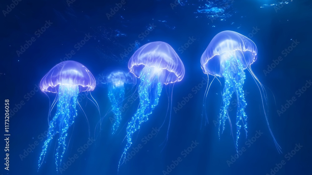 Poster Bioluminescent jellyfish gracefully floating through the deep blue water, illuminating the surroundings with a stunning display of vibrant light and color, creating a tranquil underwater spectacle