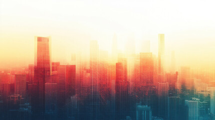 Urban skyline with vibrant colors and soft focus, creating dreamy atmosphere