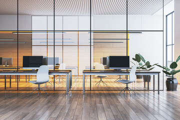 Modern office interior with glass partitions, wooden flooring, desks, chairs, and plants in bright natural lighting. 3D Rendering