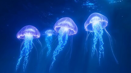 Bioluminescent jellyfish gracefully floating through the deep blue water, illuminating the surroundings with a stunning display of vibrant light and color, creating a tranquil underwater spectacle