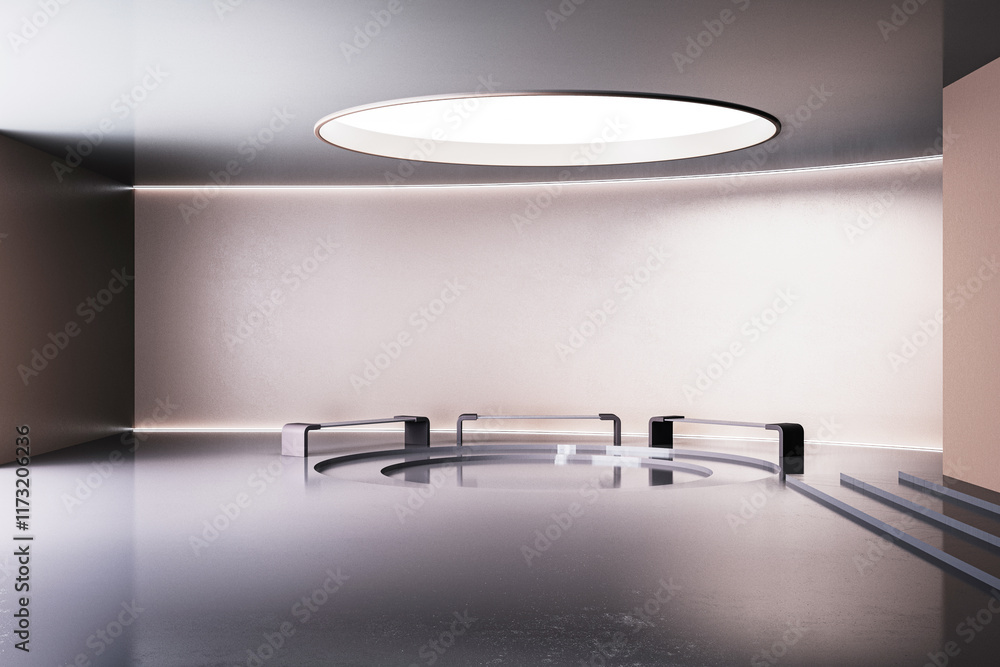 Poster Modern empty interior with circular light and sleek platform stage. 3D Rendering