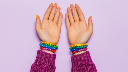 Colorful hands adorned with vibrant bracelets are posed against a soft purple background, showcasing creativity and style.