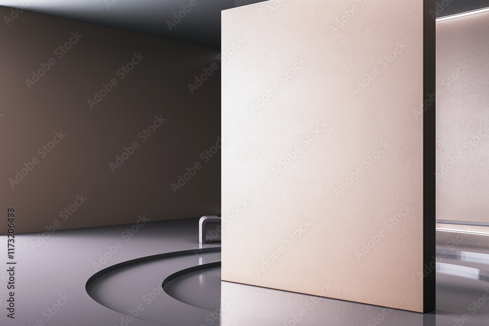 Poster Minimalist interior design with beige textured wall and reflective flooring in a modern gallery-like space. 3D Rendering