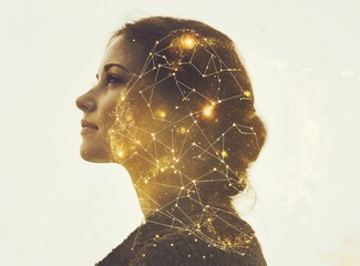 Double exposure of a woman's portrait and zodiac signs, set against a cosmic sky background. Concept for fortune-telling or astrological history stock photo.
