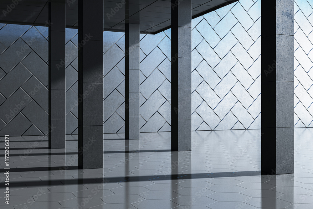 Poster abstract interior with tiled walls, structural pillars casting shadows, and reflective flooring in s