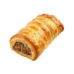 Sausage roll pastry, featuring a golden baked roll with sausage filling, isolated on transparent background, png.