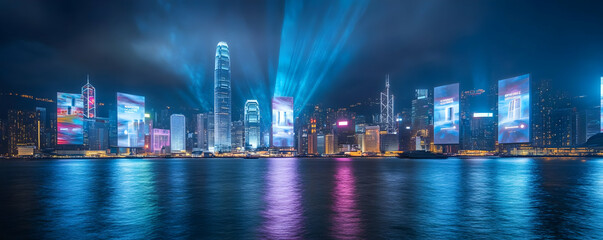 Vibrant Hong Kong skyline at night, illuminated.