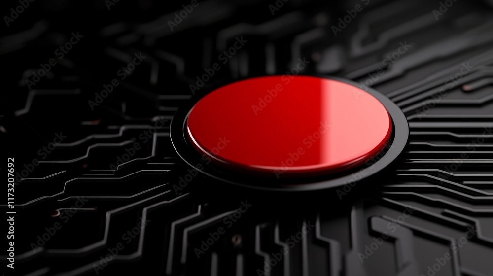 Poster red button on circuit board: a single, prominent red button sits against a black background, surroun