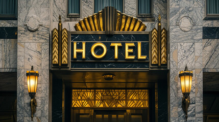 Luxury Manhattan hotel with art deco design, golden accents, and marble facade, exclusive travel destination