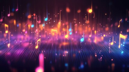 Vibrant Musical Notes and Colorful Lights on a Dark Background