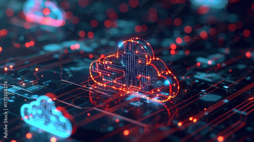 Poster glowing cloud computing symbol on a circuit board.