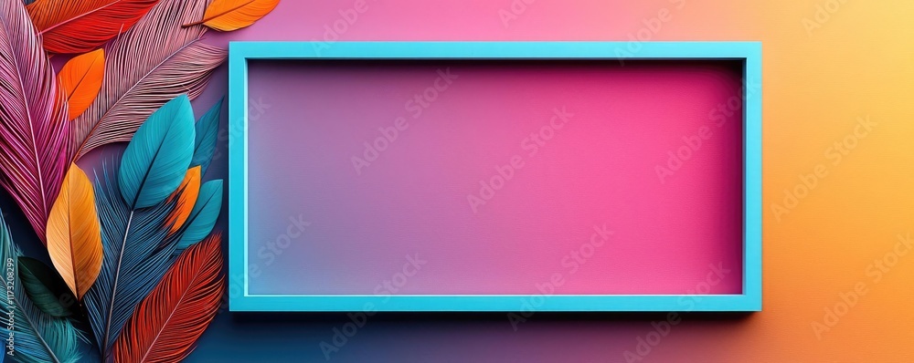 Poster feather abstract background concept. vibrant abstract background with colorful feathers and a blue f