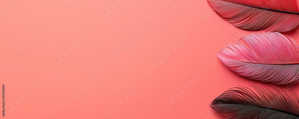 Poster feather abstract background concept. vibrant feathers in shades of pink and red against a coral back